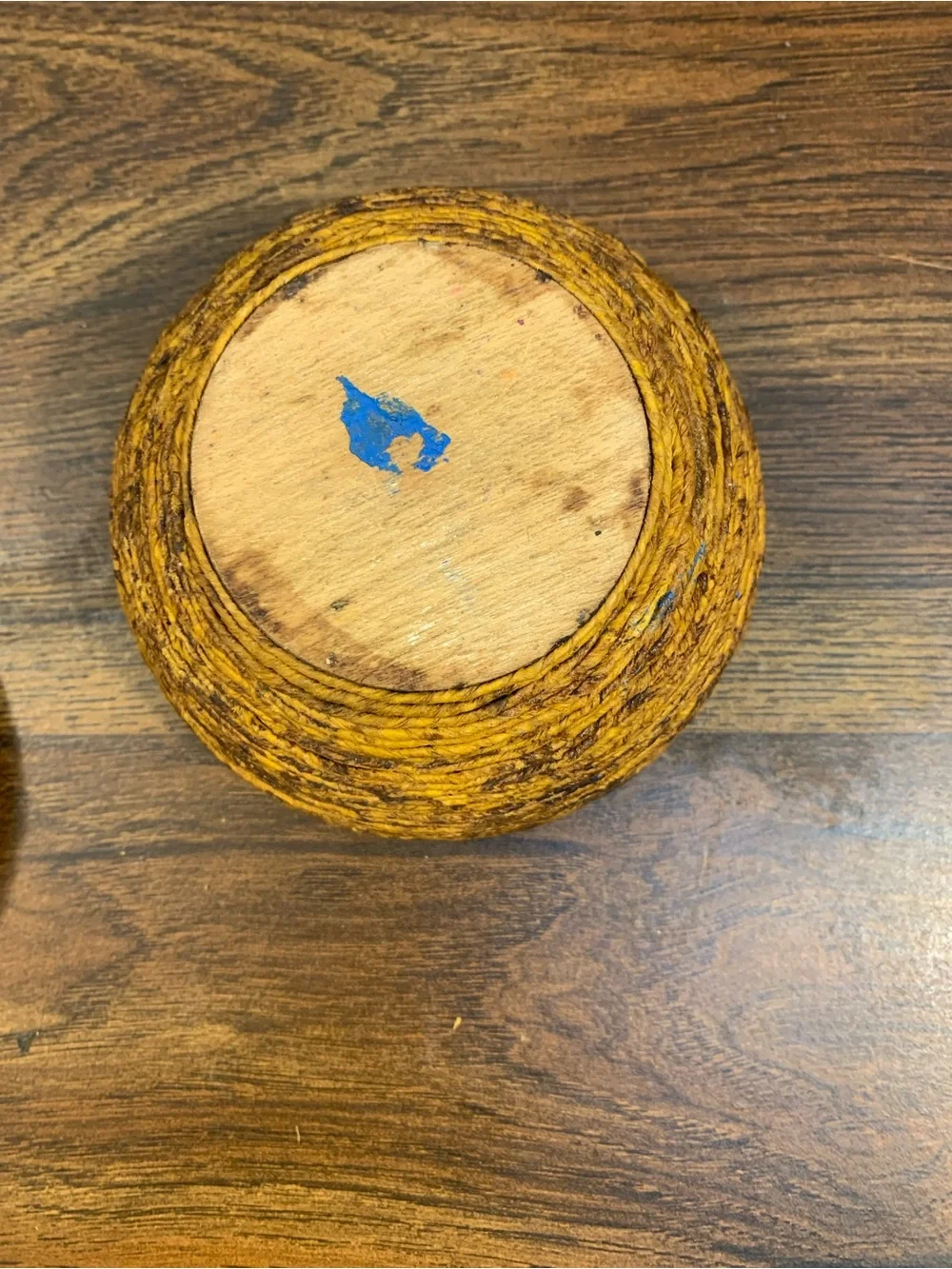 Vintage Round Wood Layered Rattan Floral Pattern Top Rustic Handmade Trinket Box